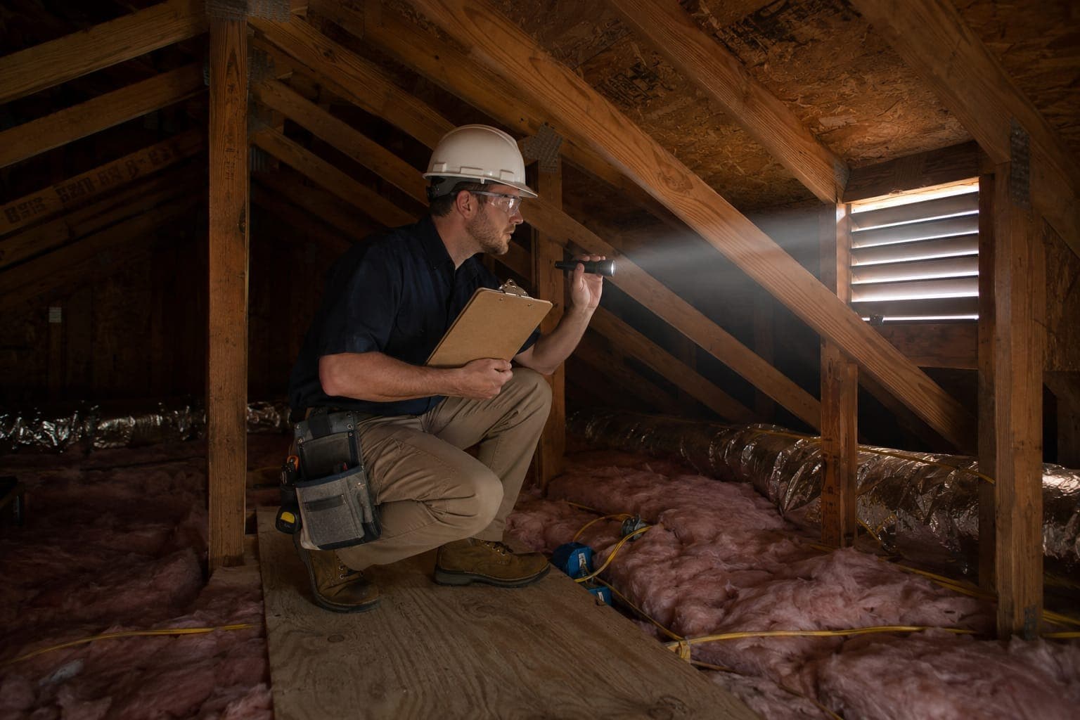 Inspector with a flashlight and clipboard checking a home